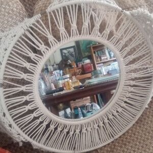 Large Beige Hanging Macrame Round Mirror. 25 inches across. 30 inches hanging.